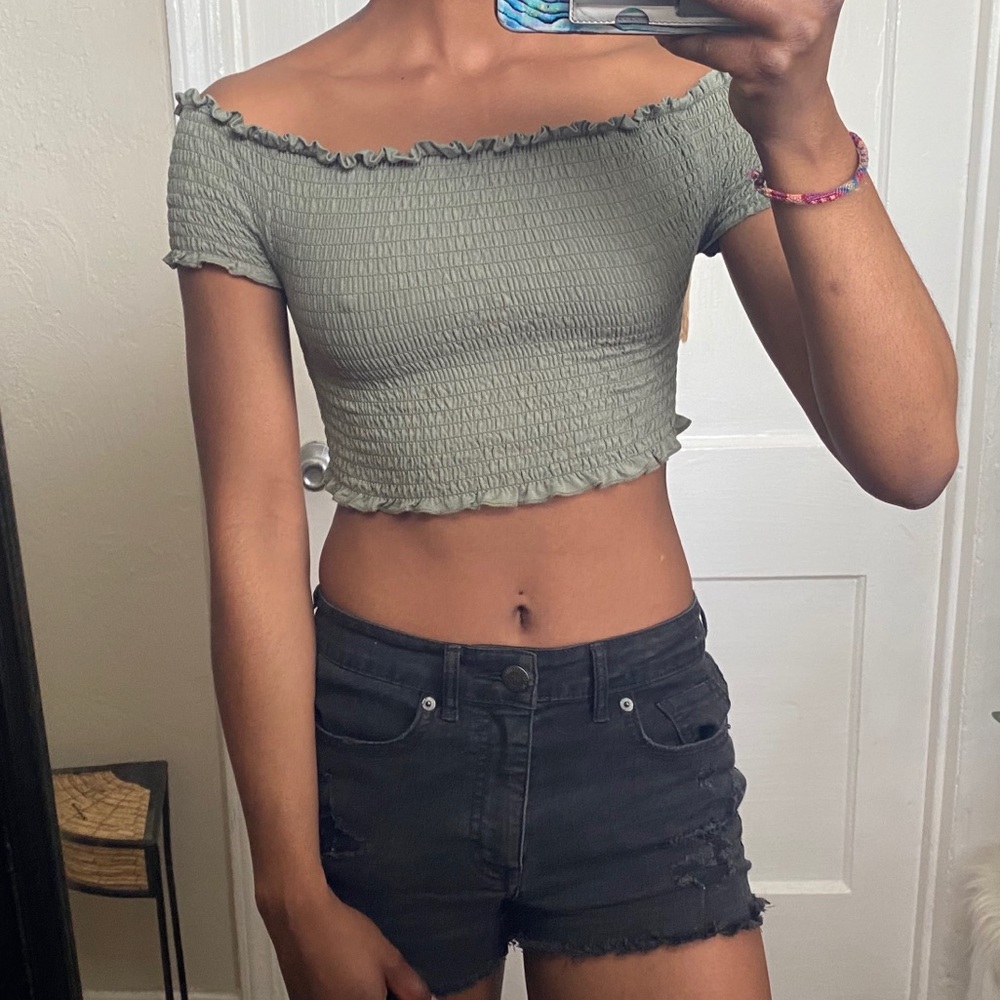 green off shoulder crop top